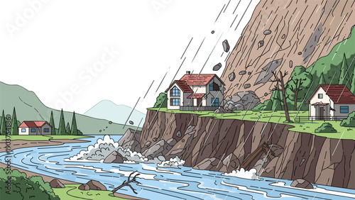Natural disaster scene shows a massive landslide with rocks falling onto houses near a river during a heavy rainstorm.