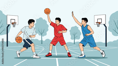 Three young men play a competitive game of basketball on an outdoor city court with trees and hoops in the background.