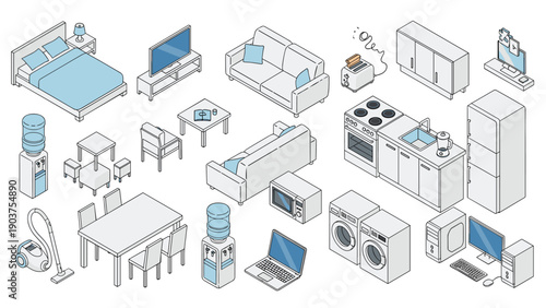 Isometric set of household furniture and appliance icons includes a bed sofa television stove and washing machine.