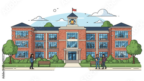 Group of students stands in front of a traditional red brick school building on a bright day during the academic term.