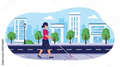 Independent blind woman walks safely along a city sidewalk using a white cane and following tactile paving markers.