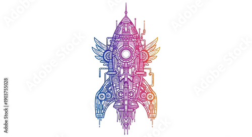 Vibrant Steampunk Rocket Illustration with Intricate Mechanical Details and Rainbow Gradient