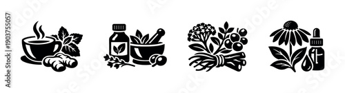 Herbal remedies and natural ingredients icons, flat vector illustration