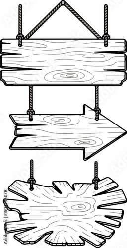 Rustic wooden signs set in black and white line art. Features include a rectangular plank, a directional arrow, and an irregular shape, ideal for vintage design projects