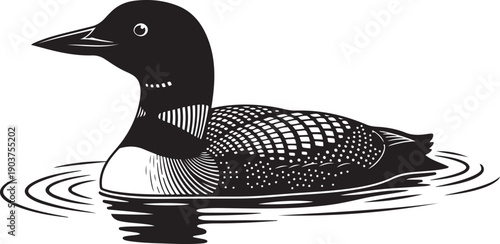 Black and white illustration of a loon swimming in water duck bird