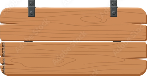 Rustic wooden signboard illustration with blank planks, suspended by metal hinges, offering a customizable space for text or graphics against a white background