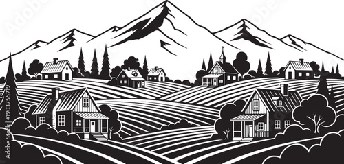 Black and White Illustration of a Rural Village with Mountains and Fields Keywords: rural, village