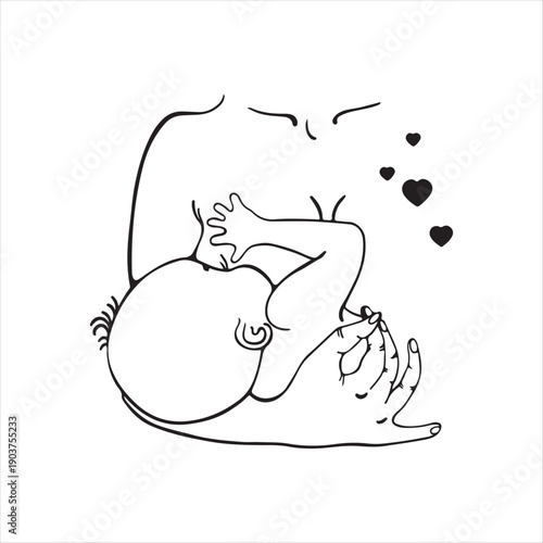 Pregnant woman holding belly with cat and floating hearts
