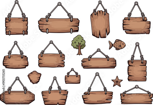 Hand-drawn rustic wooden blank signs set with metal hangers, a tree, fish, and star. Perfect for game user interface and graphic design elements