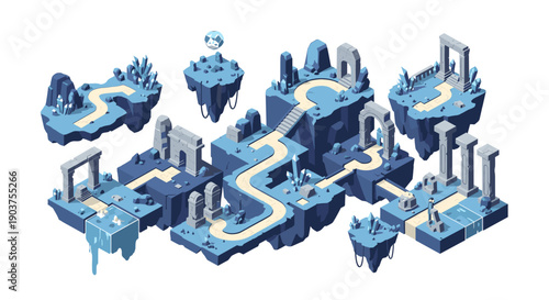 A serene isometric view of ancient ruins with blue tones, perfect for creative projects or historical themes.
