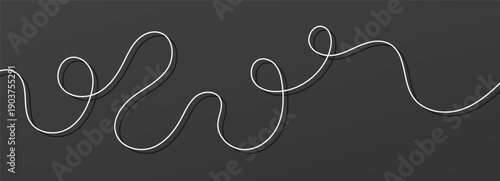 Line continuous cable and squiggle white tangle on dark background with shadow. Pattern wave thick with background knot decor and sewing abstract doodle.