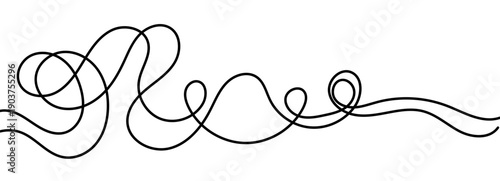 Horizontal drawing line with thin wiggly squiggle on transparent background. Line continuous cable with squiggle black tangle and wiggle wavy curvy. Pattern wave thick with background knot decor and s