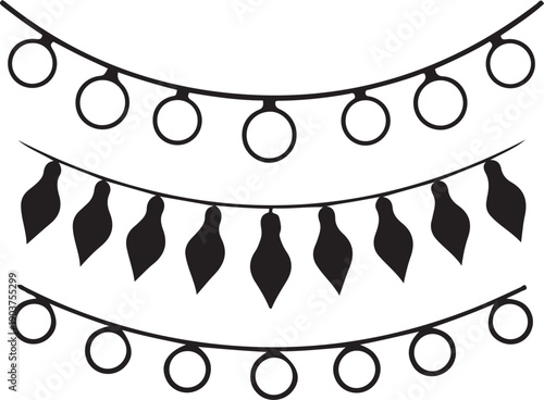 Black Silhouette of Three Arched Strings of Lights and Leaf Shapes Keywords: string lights, festive