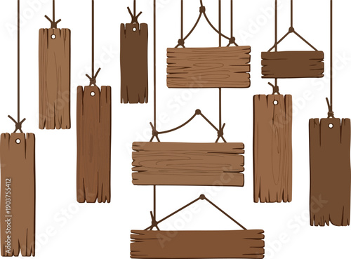 A diverse set of blank rustic wooden signs and planks, suspended by ropes, ready for custom text, messages, or decorative elements, offering a charming vintage aesthetic