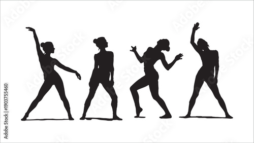 Four black female silhouettes dancing in various poses on white women