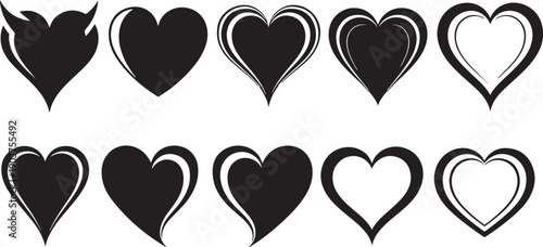 Collection of Ten Black Heart Icons With Various Styles And Designs symbol love