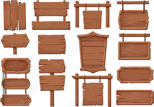 Collection of various wooden signs and directional boards for outdoor and indoor decoration and signage purposes