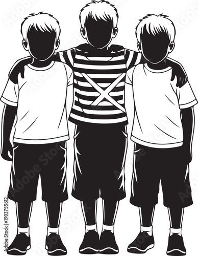 Three Boys Standing Together With Arms Around Each Other Silhouette children friendship
