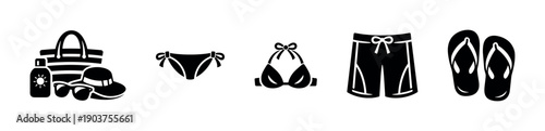 Beach bag, swimsuit, and flip flops icons, flat vector illustration