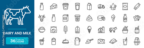 Dairy And Milk Thin Line Icon Set Bottle Carton Cheese Butter