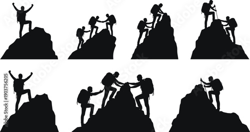 Collection of mountain climber silhouettes reaching summit helping teammates and celebrating success on peak isolated on white background vector illustration.