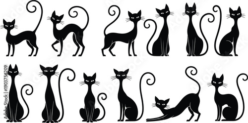 Collection of elegant black cat silhouettes with long curly tails in various graceful poses isolated on white background vector illustration.