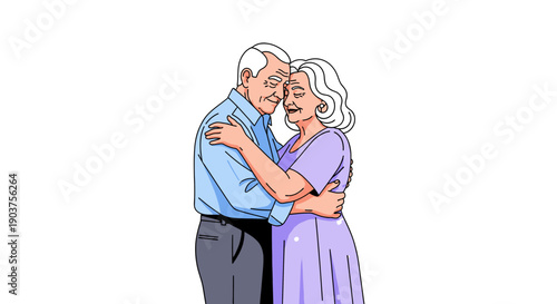 Loving senior couple embracing each other in a sweet hug, colored line art illustration.
