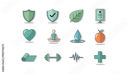 Healthy lifestyle and wellness icon set in flat design style with shadows.