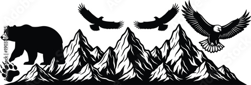 Mountain Wilderness Scene Featuring Black Silhouettes of a Grizzly Bear and Soaring Eagles Over Rugged Peak Landscapes for Vector Design