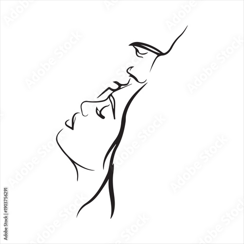 Two black ink faces in profile kissing abstract brush stroke