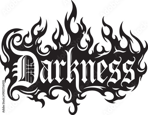 Black and white stylized word darkness with flame-like decorative