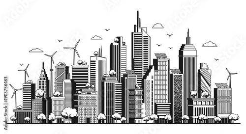 Sustainable green city skyline with wind turbines and solar panels.