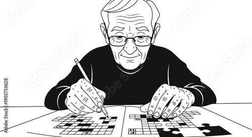 Senior man doing crossword puzzle or brain exercise illustration.