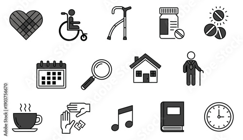 Elderly care and healthcare icon set in flat line art style.