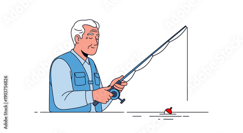 Elderly Man Enjoying Fishing Hobby Illustration.