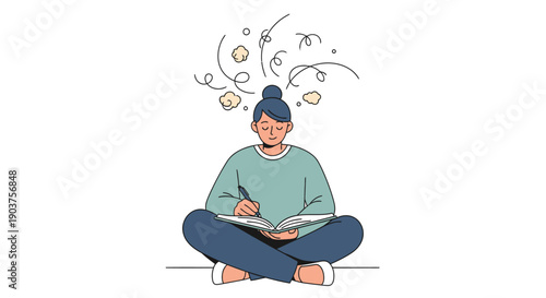 Young Woman Writing in Notebook with Creative Brainstorming Clouds