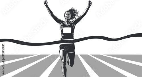 Woman runner crossing the finish line. Silhouette of athletic looking female runner running. Transparent background EPS version.