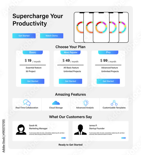 Professional website landing page layout for productivity tool. Featuring pricing tiers subscription plans feature icons customer testimonials and mobile app mockups with charts. Landing page.