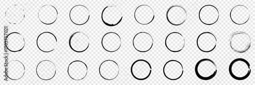 Collection of various hand drawn black ink circle frames.  Set of hand drawn circle frames isolated. Rough textures. Round shapes for graphic design. Artistic elements.