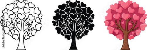 Collection of heart trees in outline silhouette and color representing love and romance for design concepts