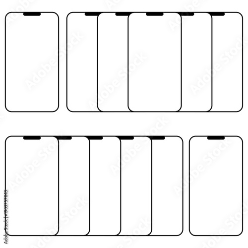 Vector set of modern smartphone frames with blank white displays. Multiple mobile phone mockups. Arranged in various groups for application presentation and user interface showcase.