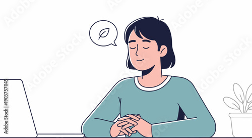 Calm Woman Relaxing or Meditating in Front of Laptop