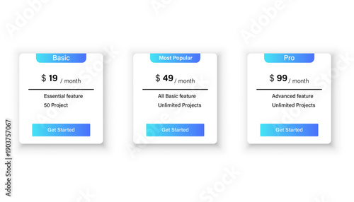 Three pricing plan cards with monthly cost and features. Basic, Most Popular, and Pro options for SaaS solution. Comparison website design elements. SaaS solution.