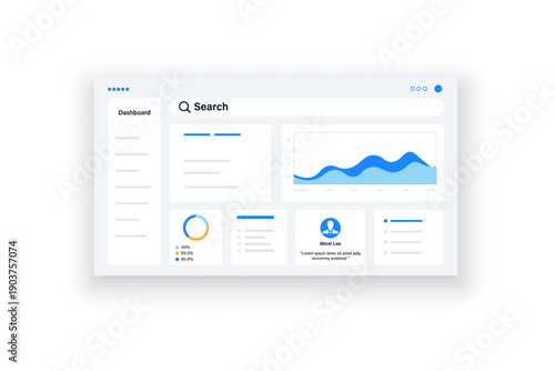 Digital dashboard UI with search bar, graphs, pie chart, and user testimonials. Website interface elements for analytics and data visualization. Dashboard.