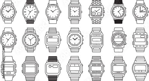 Collection of Analog and Digital Wristwatch Icons Line Art Vector Illustration Set