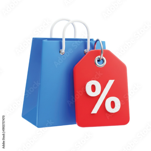 Blue shopping bag with white handles is paired with a red sale tag featuring a white percentage symbol. The image conveys a discount or sale theme.
