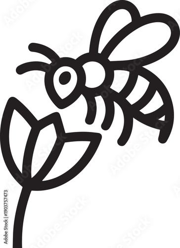 A minimalist line art illustration of a bee hovering over a flower