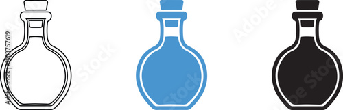Three colored icons of glass bottles with stoppers for potions or liquids  isolated on white background
