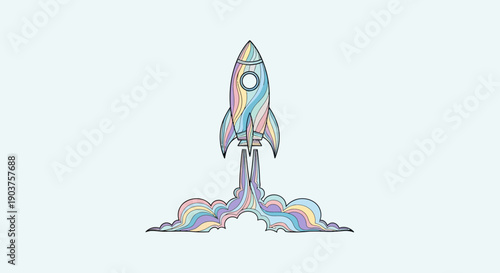 Pastel Rocket Launching into the Sky with Colorful Smoke Trail Illustrative Artwork Celebrating