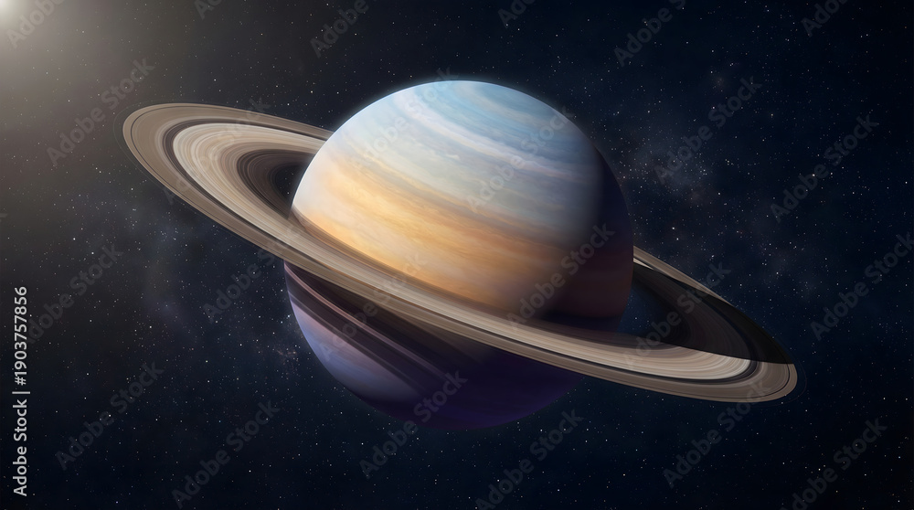 Naklejka premium Majestic planet Saturn with its impressive rings illuminated by distant sunlight against a backdrop of countless stars in the vast cosmic expanse